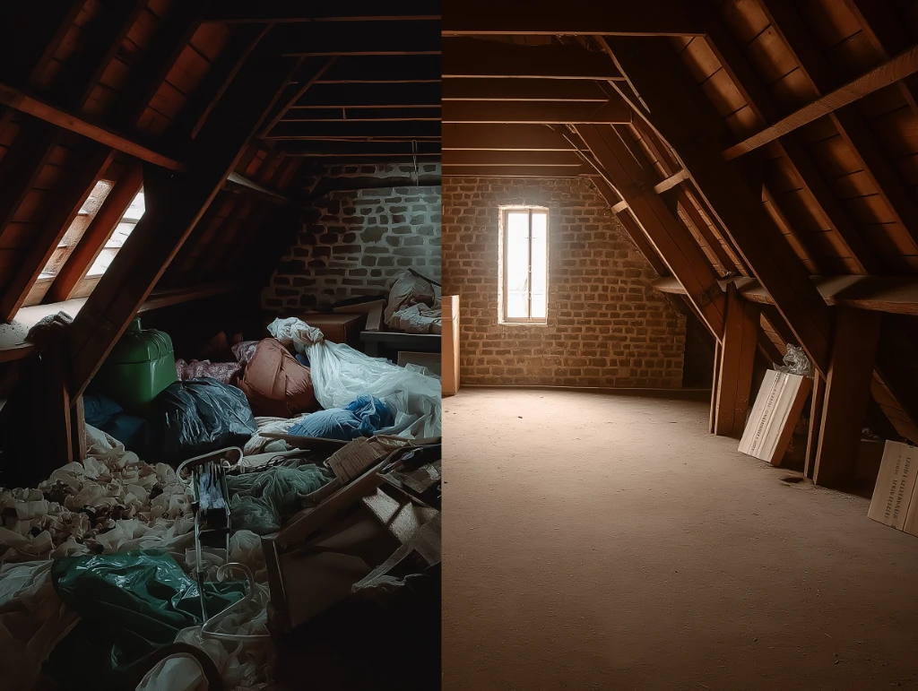 Avant/après débarras d'un grenier en Finistère : combles encombrées de cartons et sacs à gauche, pièce vidée et lumineuse à droite